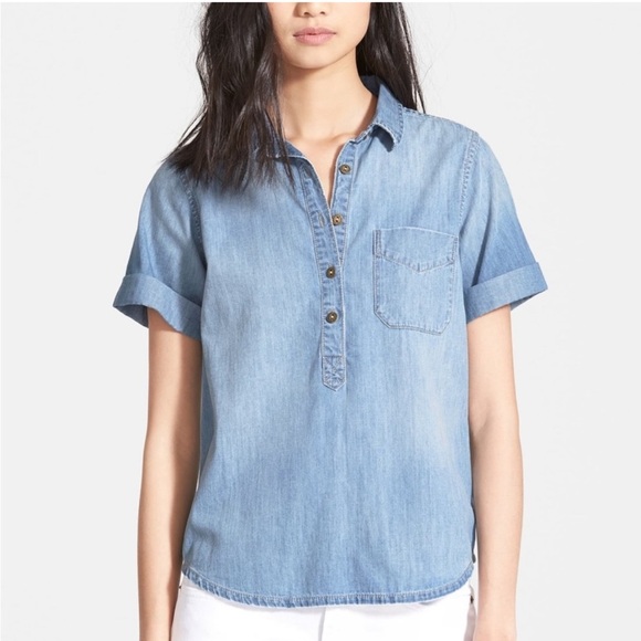 Current/Elliott The Popover Chambray Short Sleeve Denim Button Down Shirt 3 - Picture 2 of 6